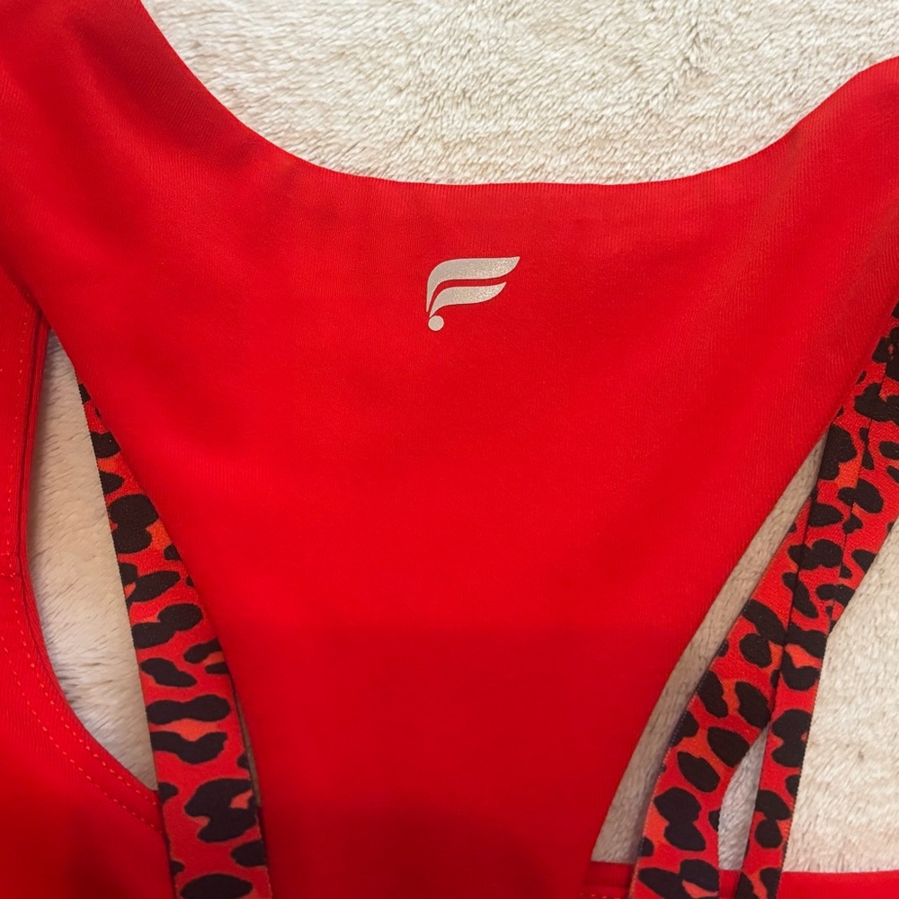 Fabletics Red Sports Bra with Leopard-Print Straps